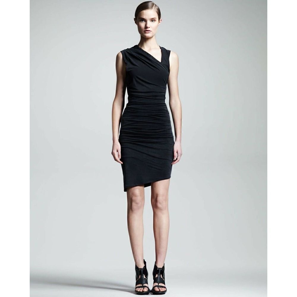 Helmut Lang Bodycon Dress Sz P XS Black Ruched Asymmetric Knee Length GUC